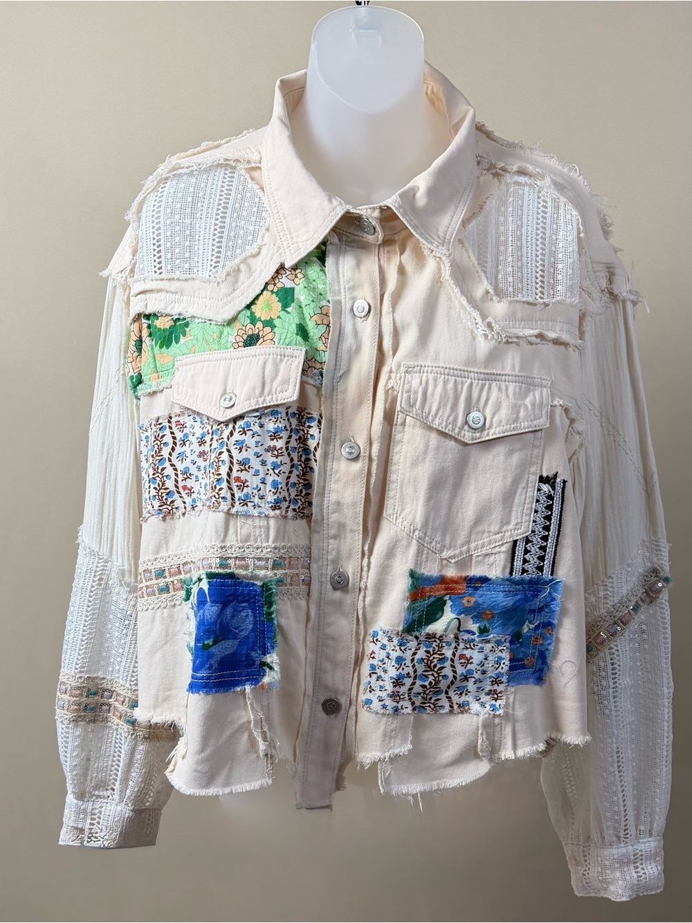 POL Cream Patchwork Jean Jacket with Blue & Green Accents